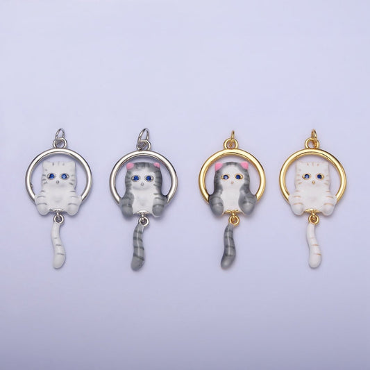 16K Gold Filled White, Grey Striped Kitty Cat Tail Dangle Round Open Animal Pet Charm in Gold & Silver | AC1276 - AC1279