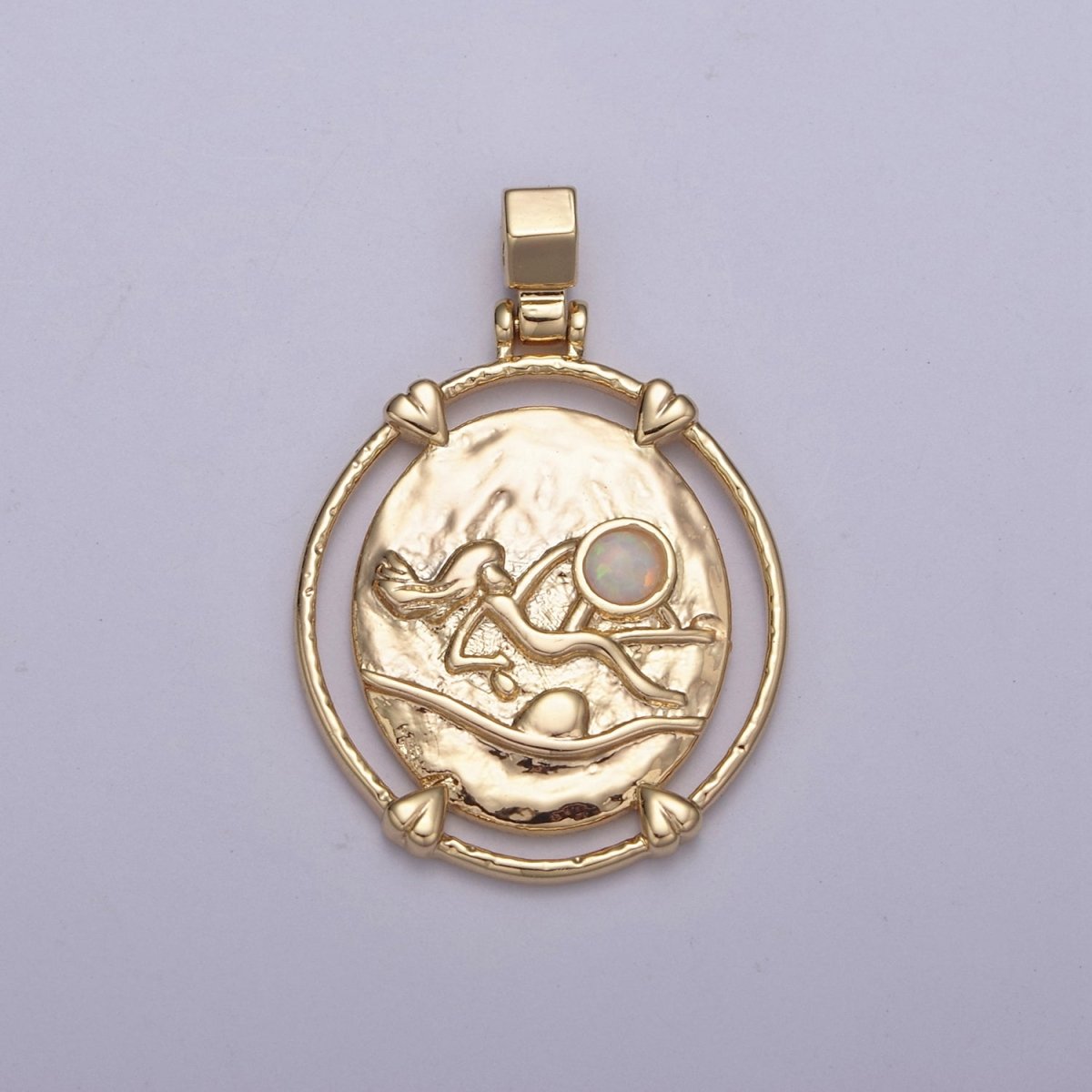 16K Gold Filled White Opal Zodiac Horoscope Heart Edge  Oval Medallion Pendant | A-A1869-A-A1874