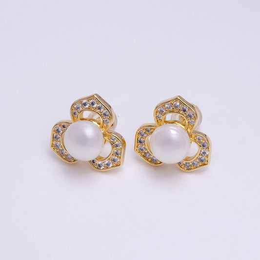 16K Gold Filled White, Pink Pearl Open Clear Micro Paved CZ Flower Stud Earrings | AE795 AE796