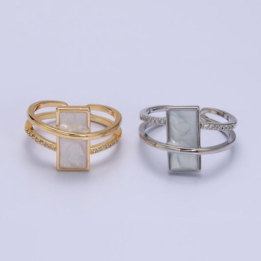 16K Gold Filled White Sparkly Enamel Bar Micro Paved CZ Double Band Ring in Gold & Silver | O-1617 O-1618