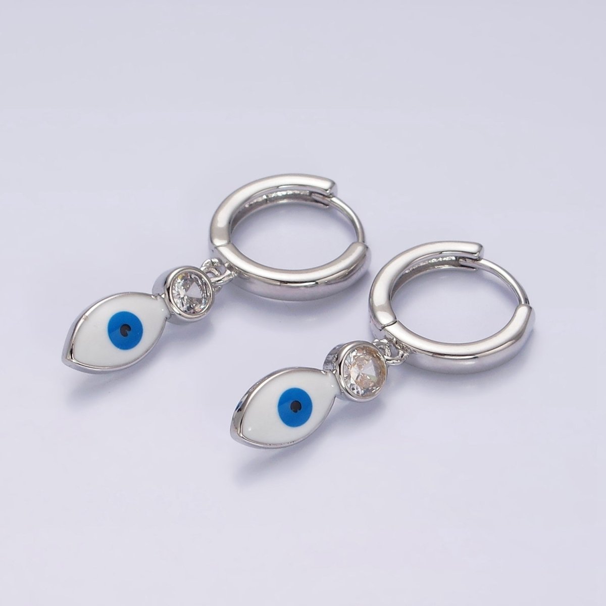 16K Gold Filled White, Teal, Black Enamel Evil Eye Drop Huggie Hoop Earrings in Gold & Silver | AD-363~AD-368