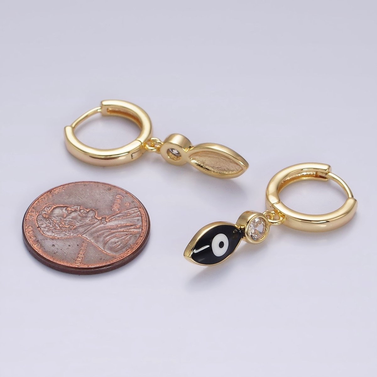 16K Gold Filled White, Teal, Black Enamel Evil Eye Drop Huggie Hoop Earrings in Gold & Silver | AD-363~AD-368
