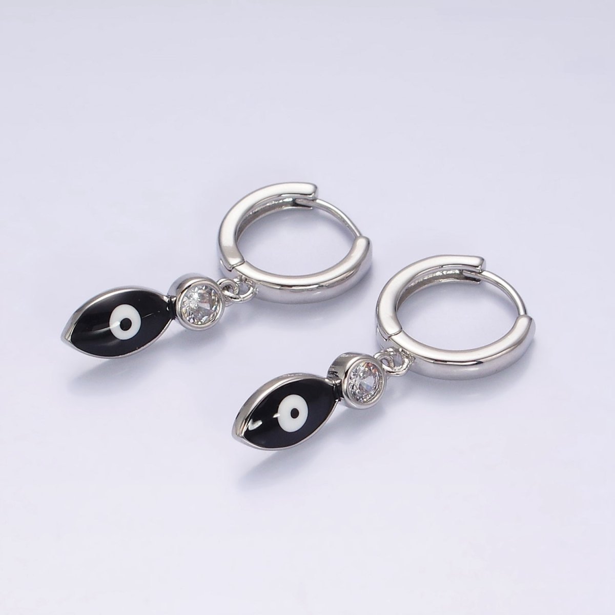 16K Gold Filled White, Teal, Black Enamel Evil Eye Drop Huggie Hoop Earrings in Gold & Silver | AD-363~AD-368