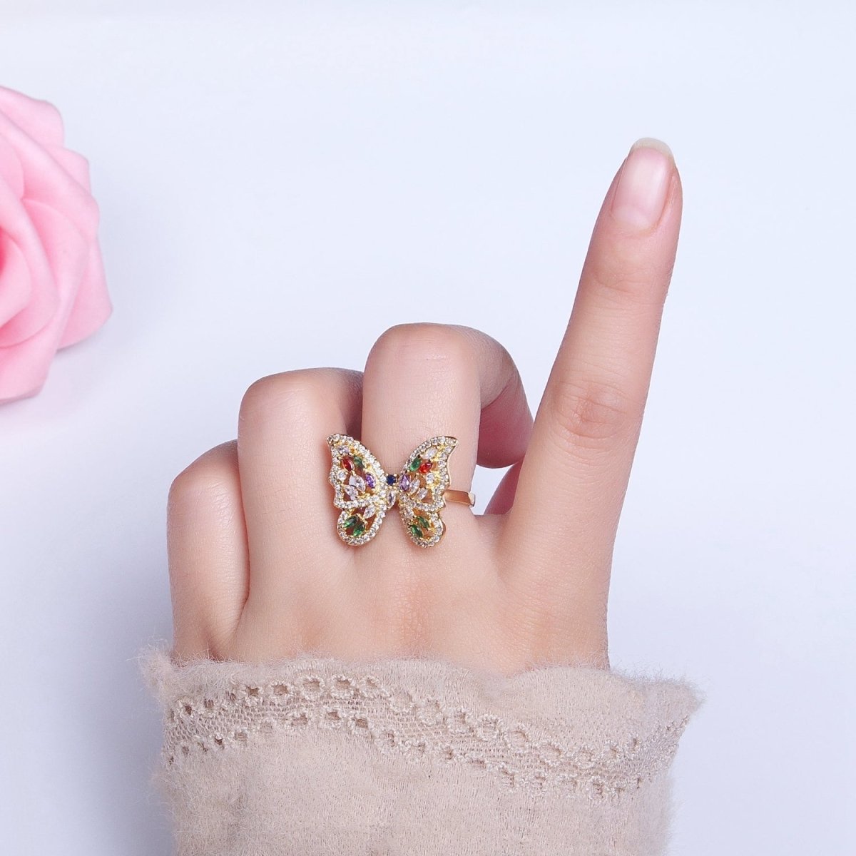 16K Gold Filled Wings Butterfly Multicolor Marquise CZ Statement Ring in Gold & Silver | O-1573 O-1574