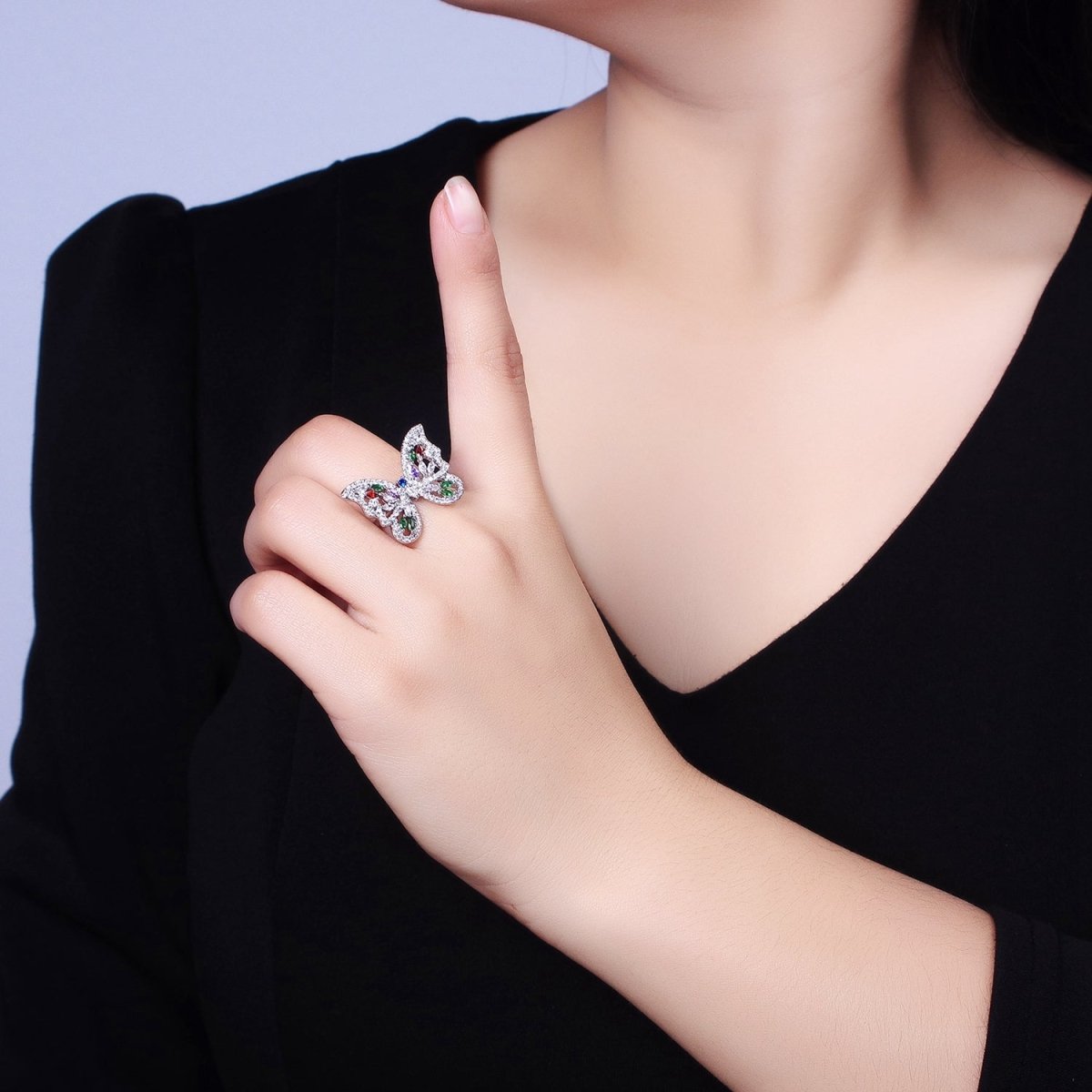 16K Gold Filled Wings Butterfly Multicolor Marquise CZ Statement Ring in Gold & Silver | O-1573 O-1574