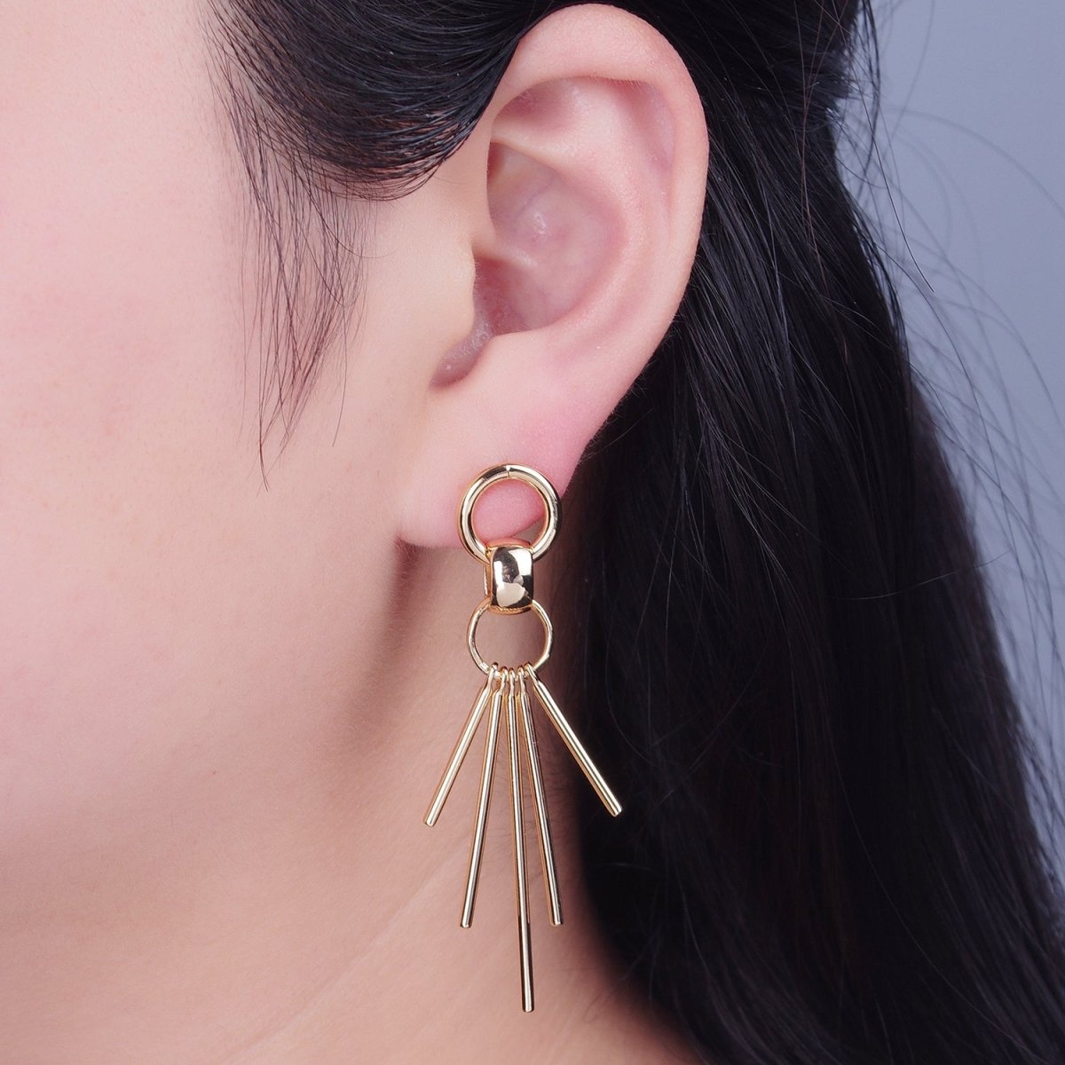 16K Gold Plated 63mm Geometric Open Round Bar Drop Stud Earrings | T465