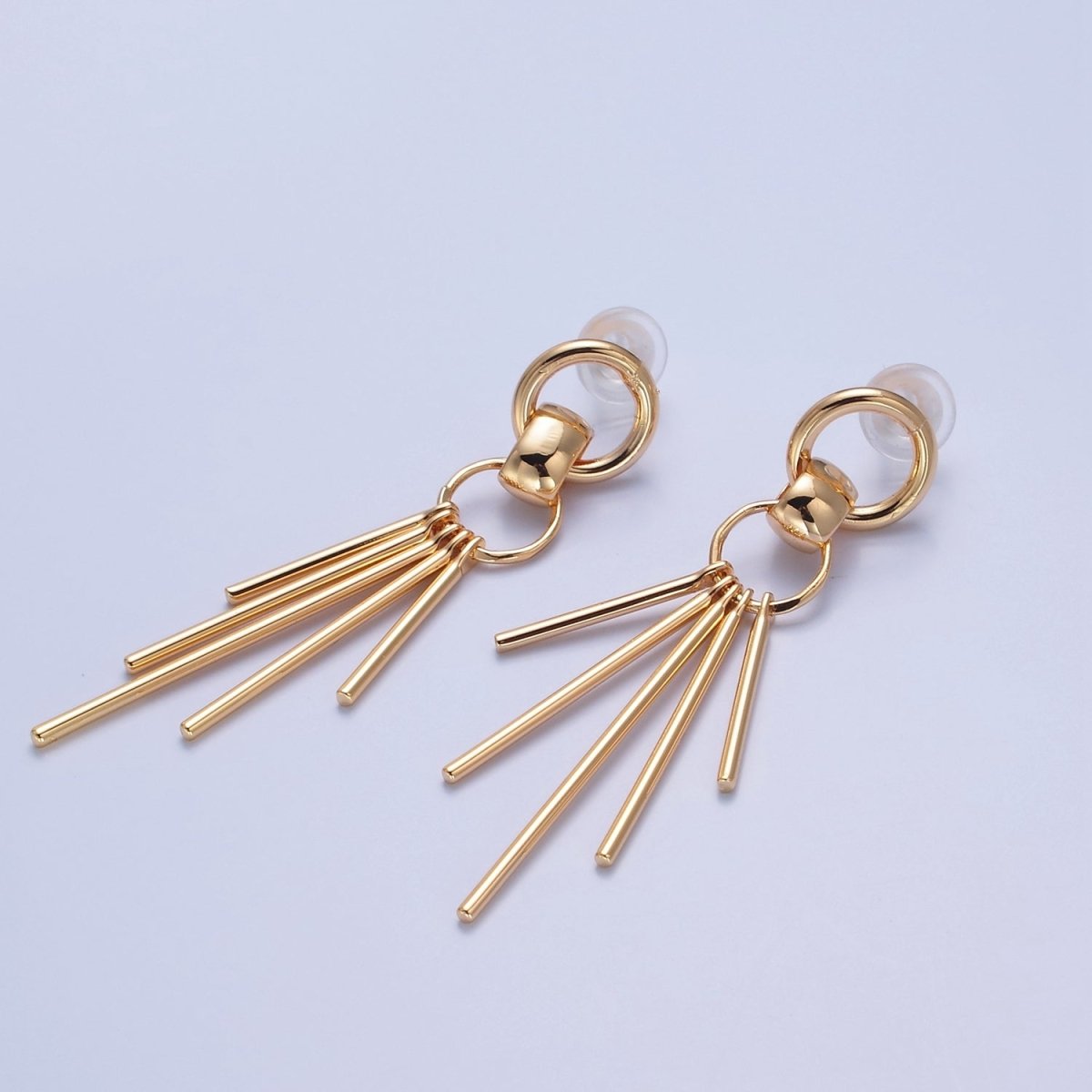 16K Gold Plated 63mm Geometric Open Round Bar Drop Stud Earrings | T465