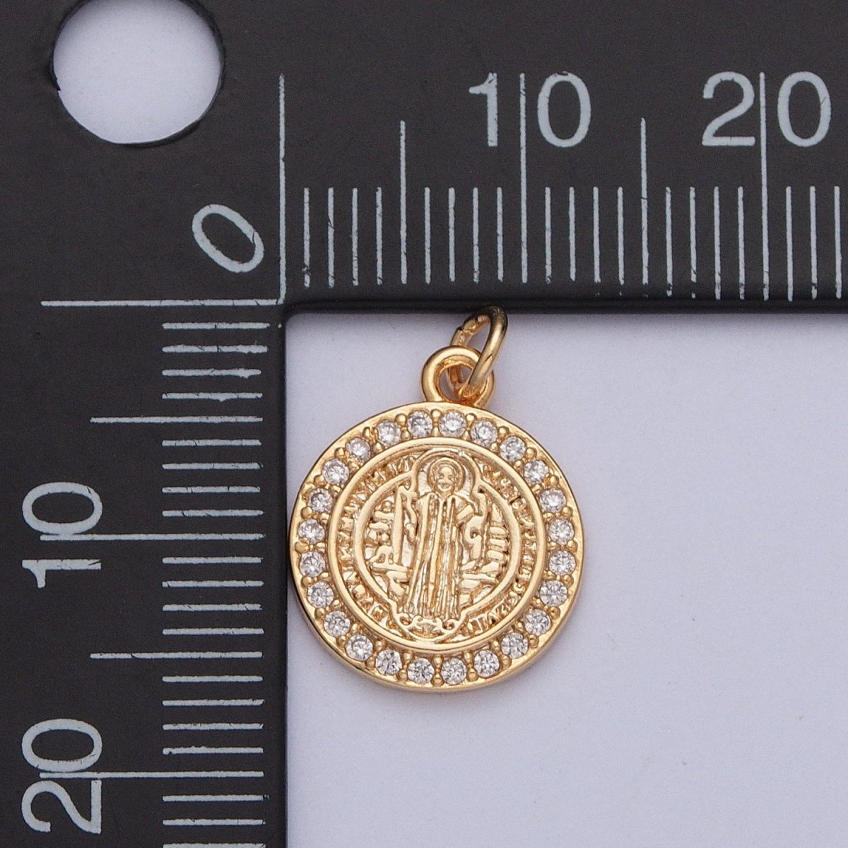16K Gold Plated Micro Pave Cubic Zirconia St Benedict Medallion Religious Round Charm | X-206