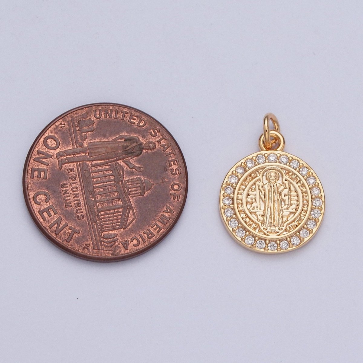 16K Gold Plated Micro Pave Cubic Zirconia St Benedict Medallion Religious Round Charm | X-206