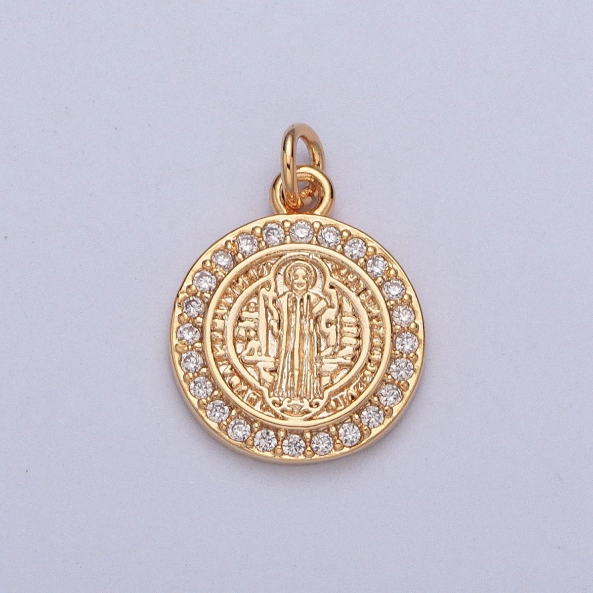 16K Gold Plated Micro Pave Cubic Zirconia St Benedict Medallion Religious Round Charm | X-206