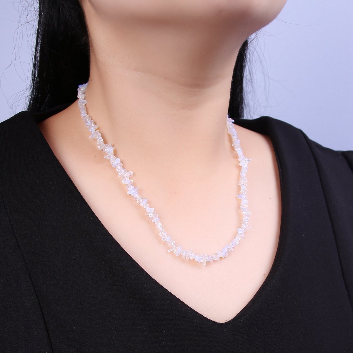 17.2 Inch Natural Clear White Opalite Crystal Stone Bead Necklace with 2" Extender | WA-645 Clearance Pricing