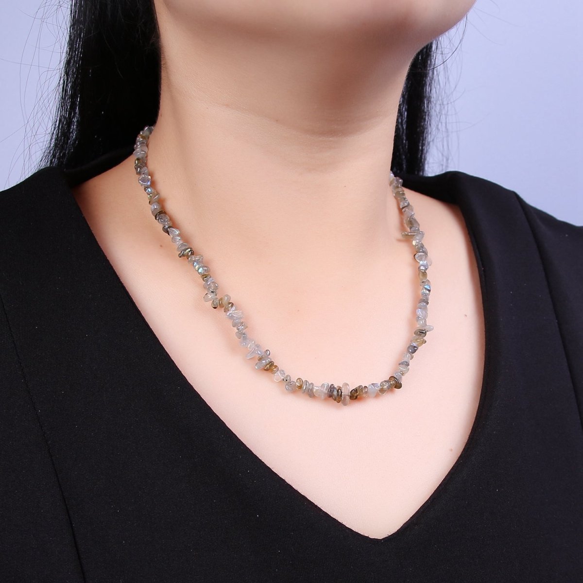 17.5 Inch Natural Dark Labradorite Crystal Chip Stone Bead Necklace with 2" Extender | WA-642 Clearance Pricing