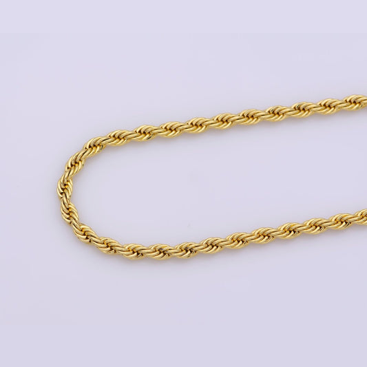 17.7" Rope Chain Necklace, 24K Gold Plated Finished Chain For Jewelry Making, 3mm Width Rope Necklace w/ Lobster Clasps | CN-599  Clearance Pricing