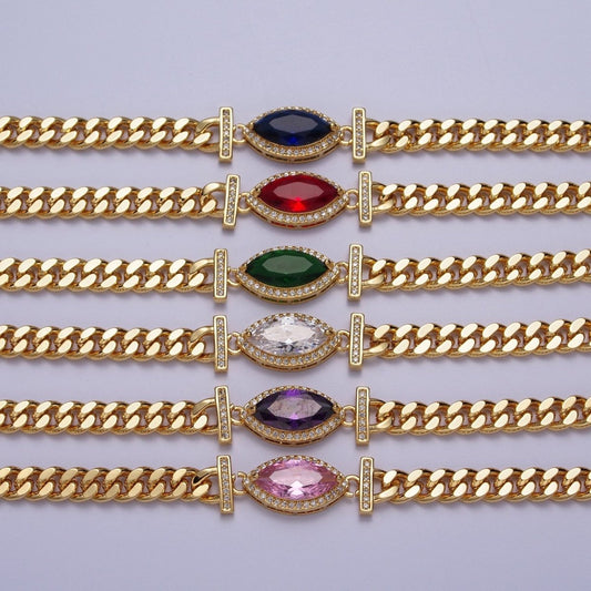 18 Inch Micro Paved Marquise CZ Flat Curb Link Chain Gold Necklace | WA-1209 - WA-1214 Clearance Pricing