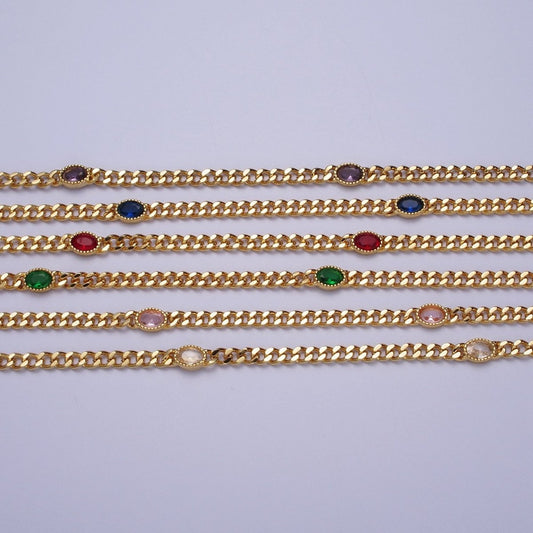 18 Inch Oval CZ 4mm Gold Flat Curb Chain Necklace | WA-1203 - WA-1208 Clearance Pricing