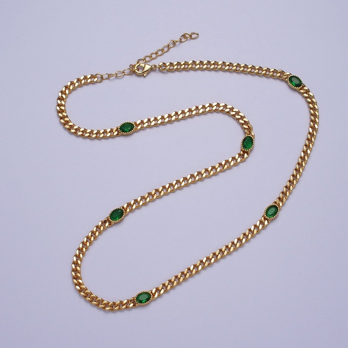 18 Inch Oval CZ 4mm Gold Flat Curb Chain Necklace | WA-1203 - WA-1208 Clearance Pricing