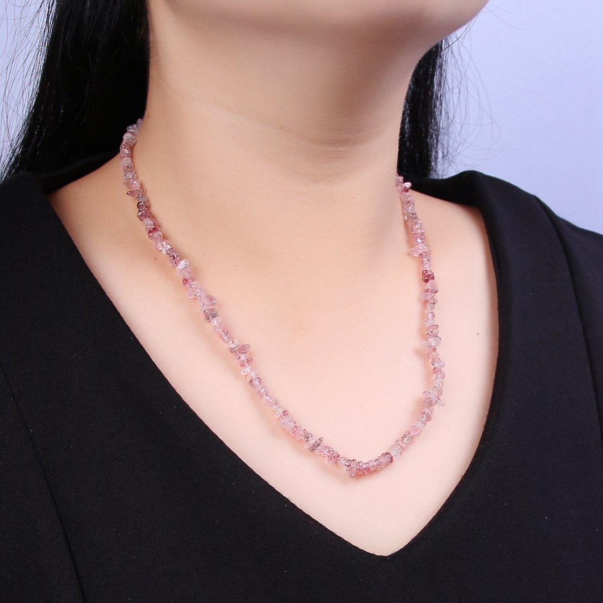 18.5 Inch Natural Pink Strawberry Quartz Crystal Stone Bead Necklace with 2" Extender | WA-632 Clearance Pricing