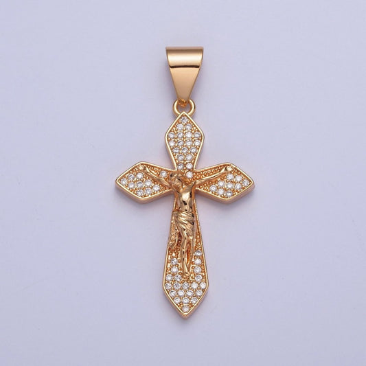 18K Crucified Cross CZ Pendant, Micro Pace CZ Religious Pendant For Jewelry Making  X-355