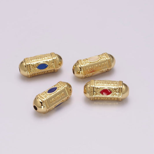 18K Dainty Gold Filled Positive Energy Word Hexagon Shape Small Hole Tube Spacer Beads, Drum Barrel Beads, Blue Dark Blue Red Yellow CZ Tube Spacer for Bracelet B-626