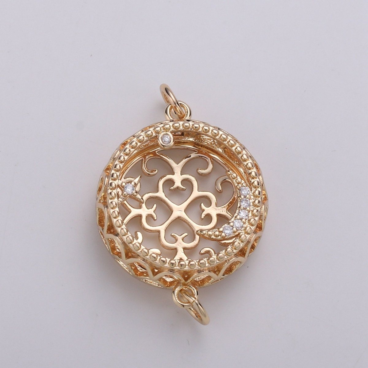 18K Filligree Essential Oil Diffuser, Cresent Moon, Star, Planet Gold Plated Micro Pave CZ Connector Micro Pave CZ Bracelet Connector F-809