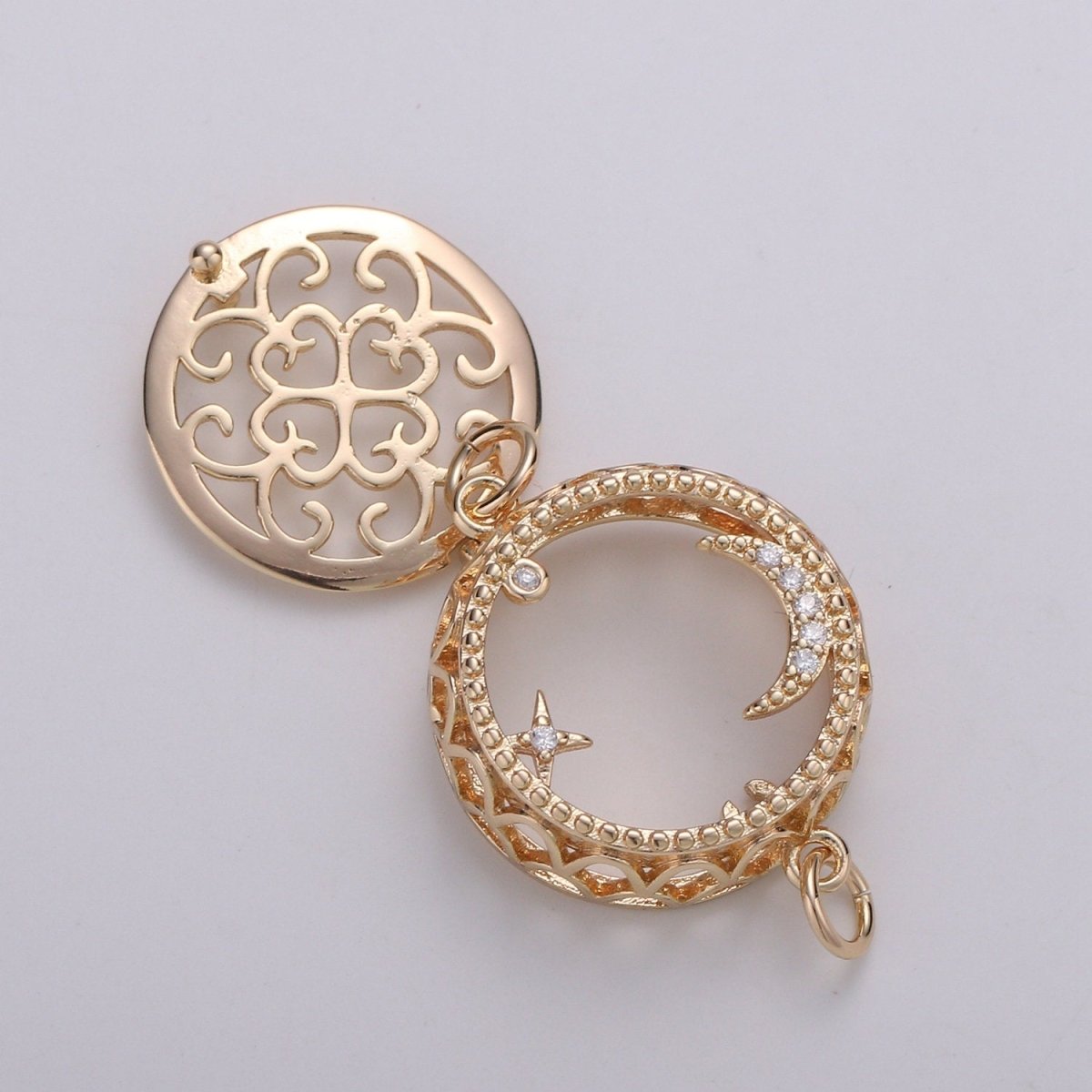 18K Filligree Essential Oil Diffuser, Cresent Moon, Star, Planet Gold Plated Micro Pave CZ Connector Micro Pave CZ Bracelet Connector F-809
