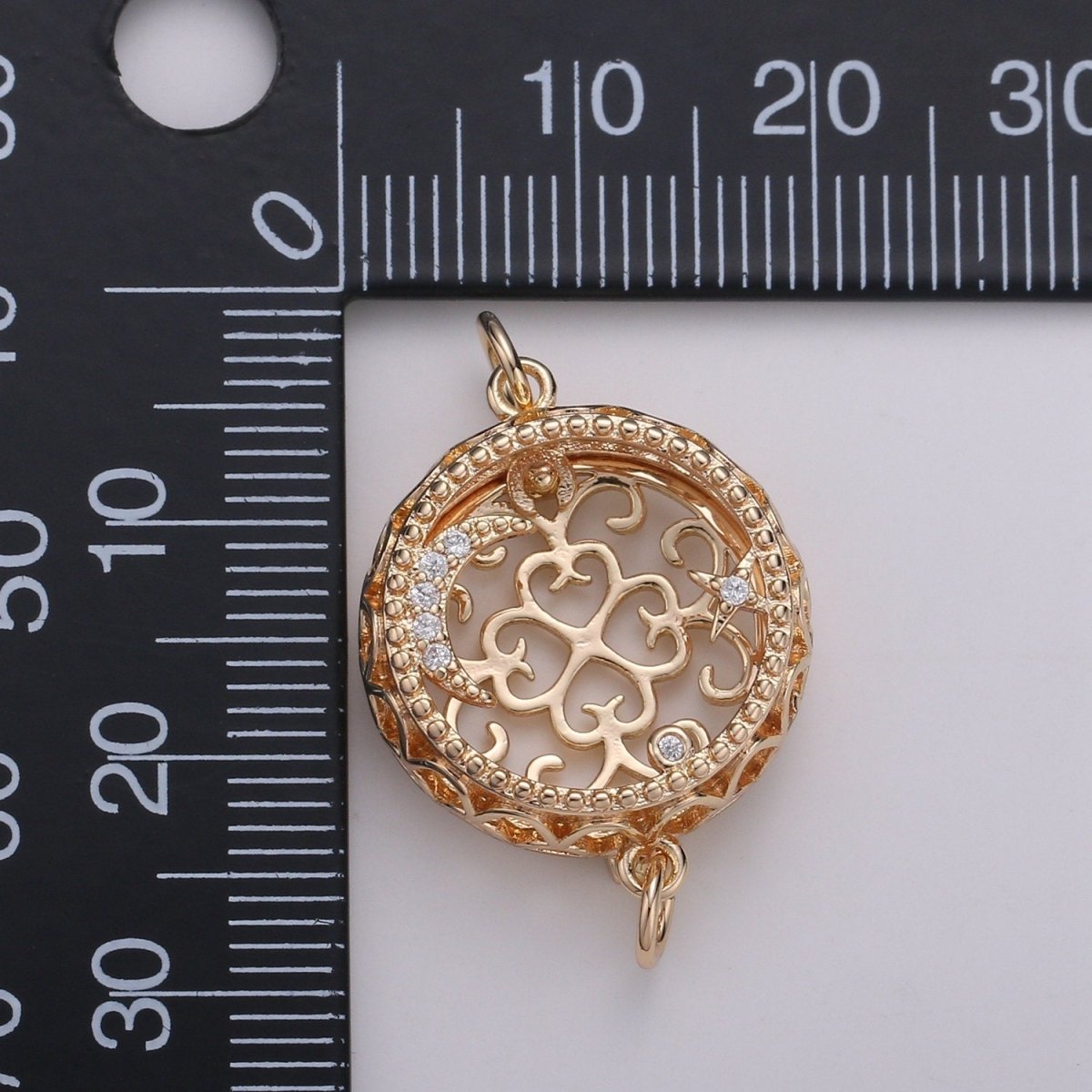18K Filligree Essential Oil Diffuser, Cresent Moon, Star, Planet Gold Plated Micro Pave CZ Connector Micro Pave CZ Bracelet Connector F-809