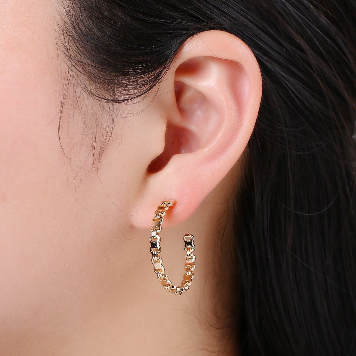 18K Gold Cable Link Chain Hoops Earrings For Wholesale Jewelry Supplies & Earring Findings 28mm hoops Q-457