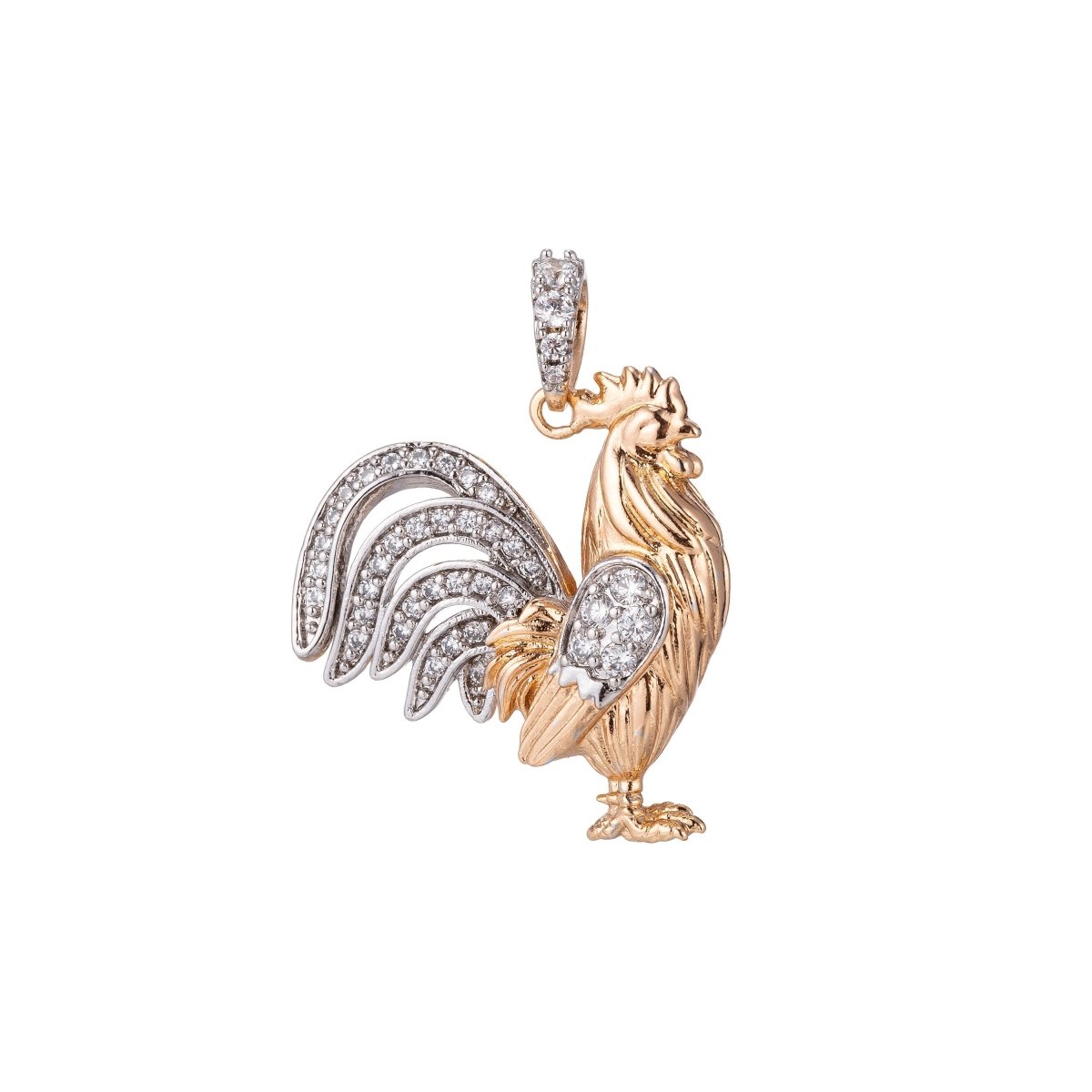 18k Gold Fill Rooster Pendant in CZ Cubic Zirconia Charm H-881