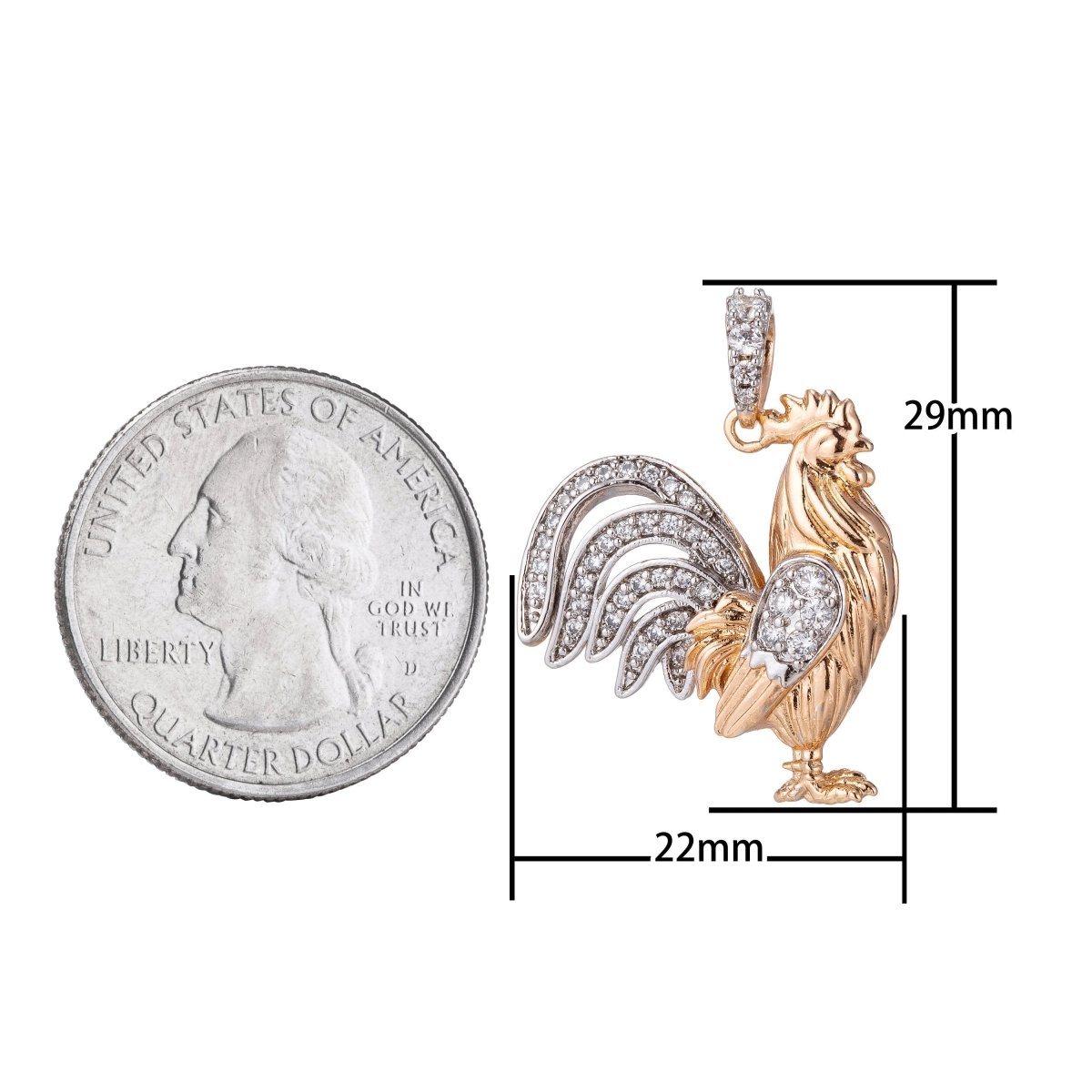 18k Gold Fill Rooster Pendant in CZ Cubic Zirconia Charm H-881