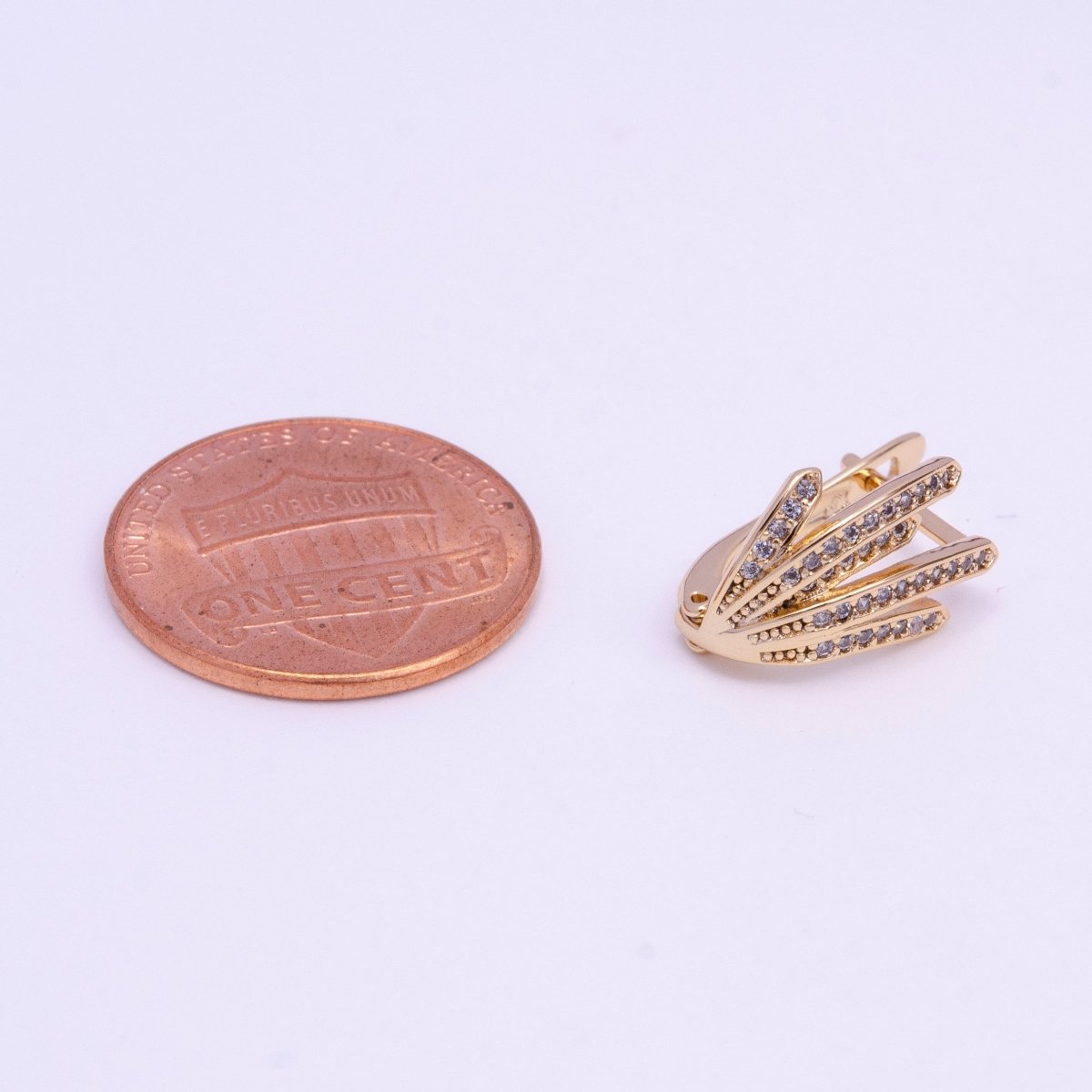 18K Gold Filled 14mm Long Palm Leaf Micro Paved CZ English Lock Earrings | AD-382