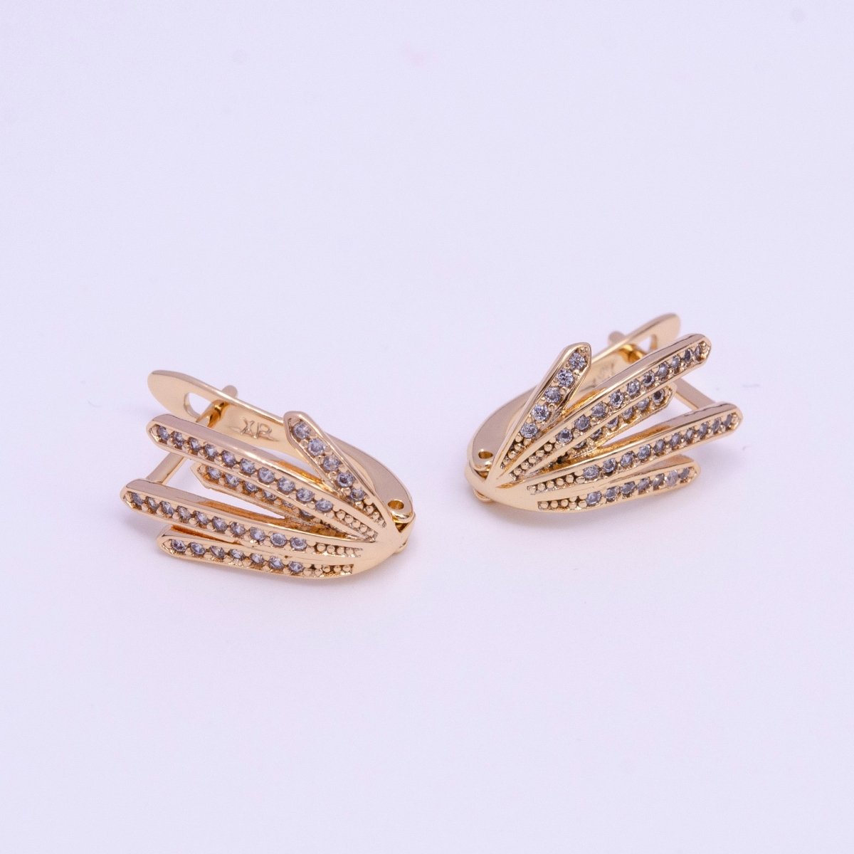 18K Gold Filled 14mm Long Palm Leaf Micro Paved CZ English Lock Earrings | AD-382