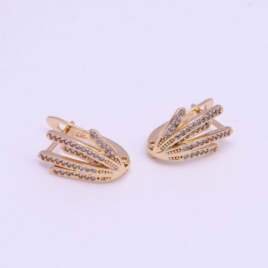 18K Gold Filled 14mm Long Palm Leaf Micro Paved CZ English Lock Earrings | AD-382