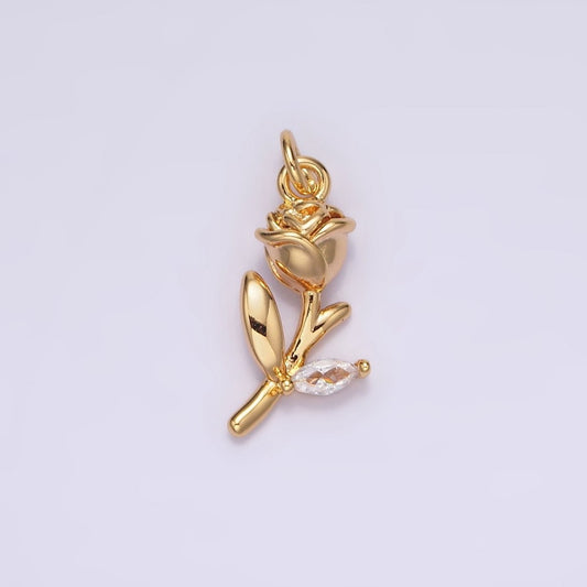 18K Gold Filled 15mm Rose Flower Clear Marquise CZ Leaf Charm | N1762
