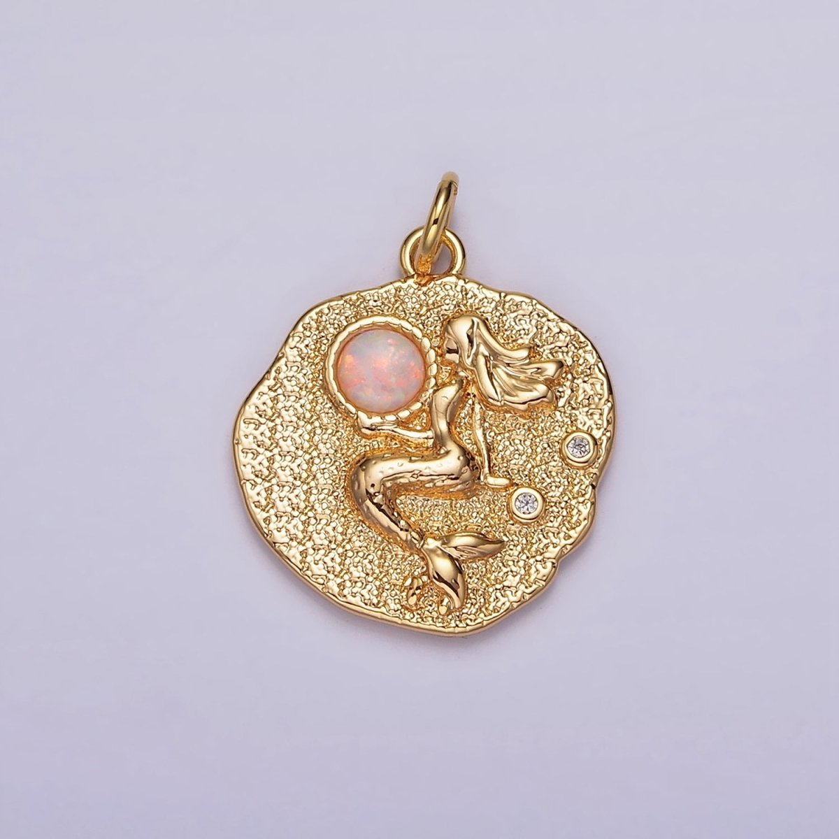 18K Gold Filled 19 mm Gemstone Mermaid Fish Stamped Round Charm | N1687 , N1753 - N1754