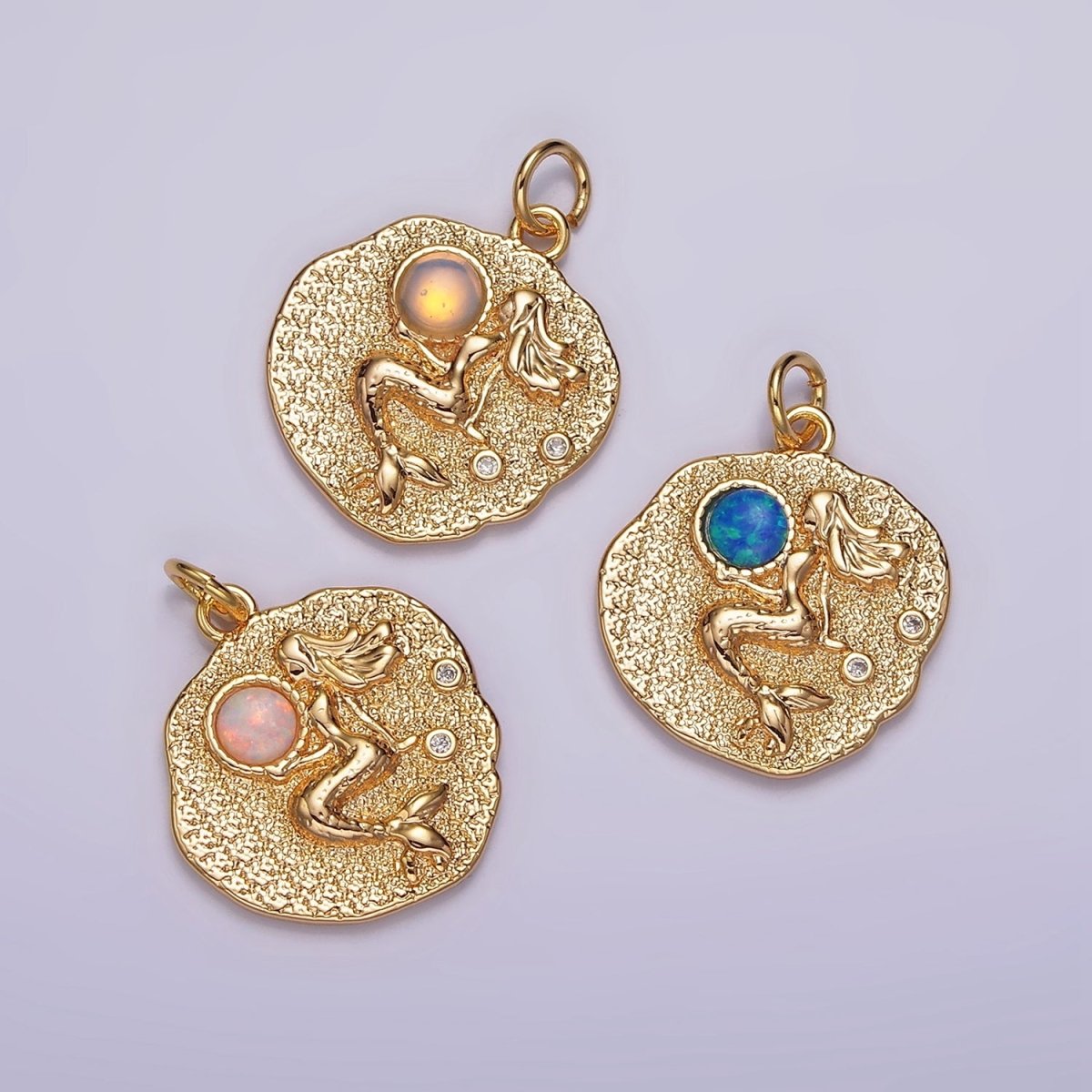 18K Gold Filled 19 mm Gemstone Mermaid Fish Stamped Round Charm | N1687 , N1753 - N1754