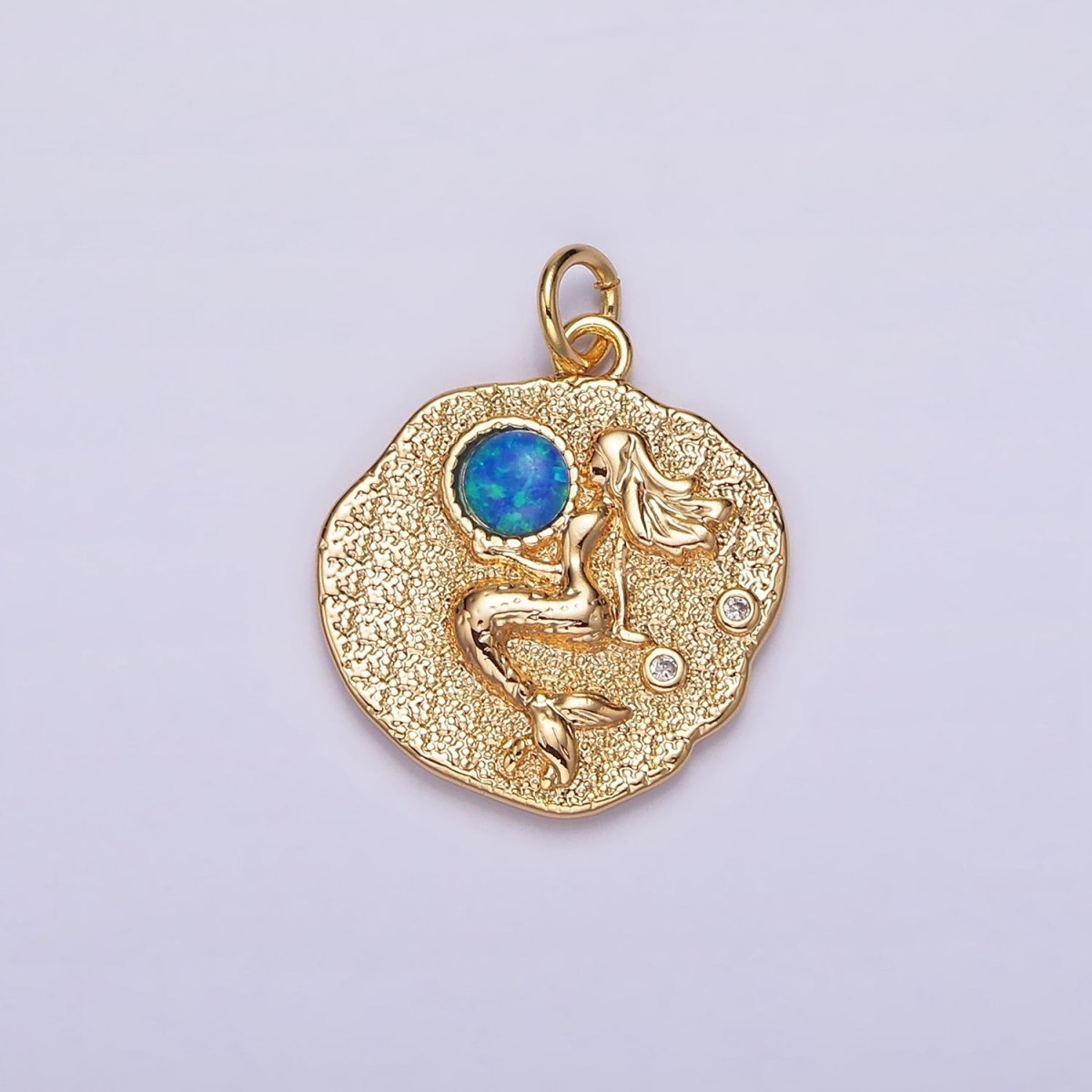 18K Gold Filled 19 mm Gemstone Mermaid Fish Stamped Round Charm | N1687 , N1753 - N1754