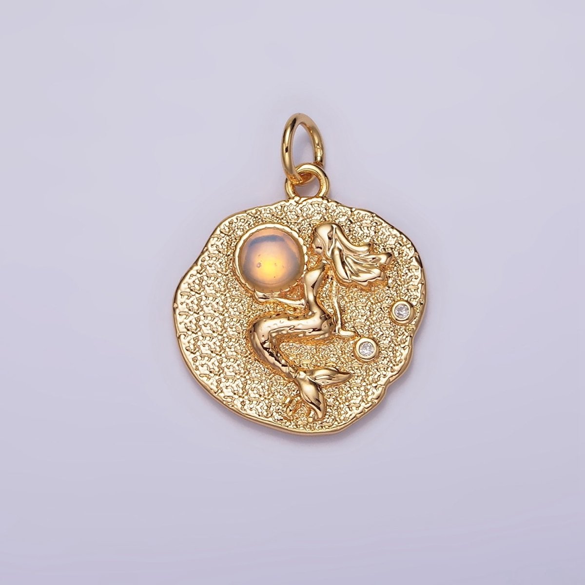 18K Gold Filled 19 mm Gemstone Mermaid Fish Stamped Round Charm | N1687 , N1753 - N1754