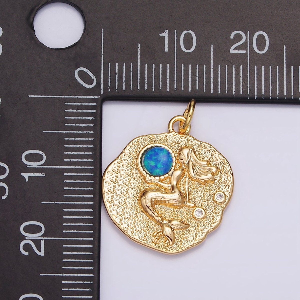 18K Gold Filled 19 mm Gemstone Mermaid Fish Stamped Round Charm | N1687 , N1753 - N1754
