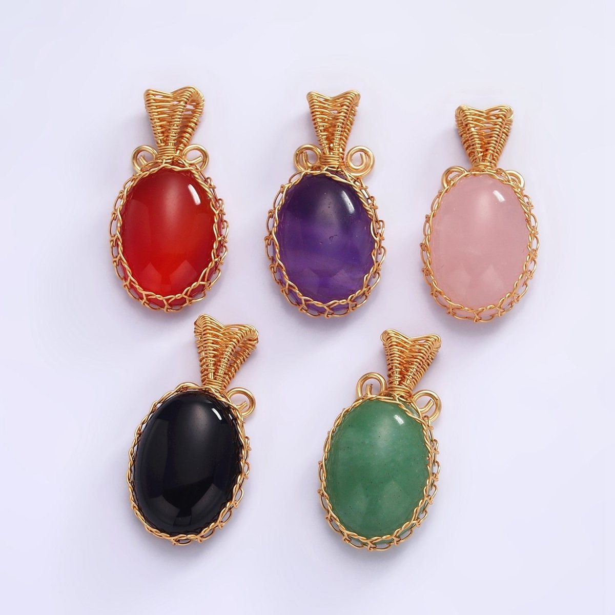18K Gold Filled 28mm Rose Quartz, Carnelian, Amethyst, Aventurine, Onyx Cabochon Handmade Wire Wrapped Pendant | AA-616 - AA-620