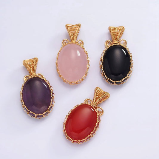 18K Gold Filled 31mm Rose Quartz, Carnelian, Amethyst, Onyx Cabochon Handmade Wire Wrapped Pendant | AA-621 - AA-624