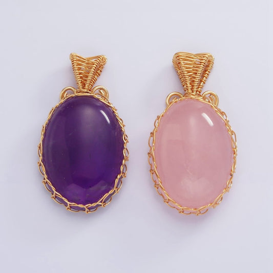 18K Gold Filled 35.5mm Rose Quartz, Amethyst Cabochon Handmade Wire Wrapped Pendant | AA625 AA626