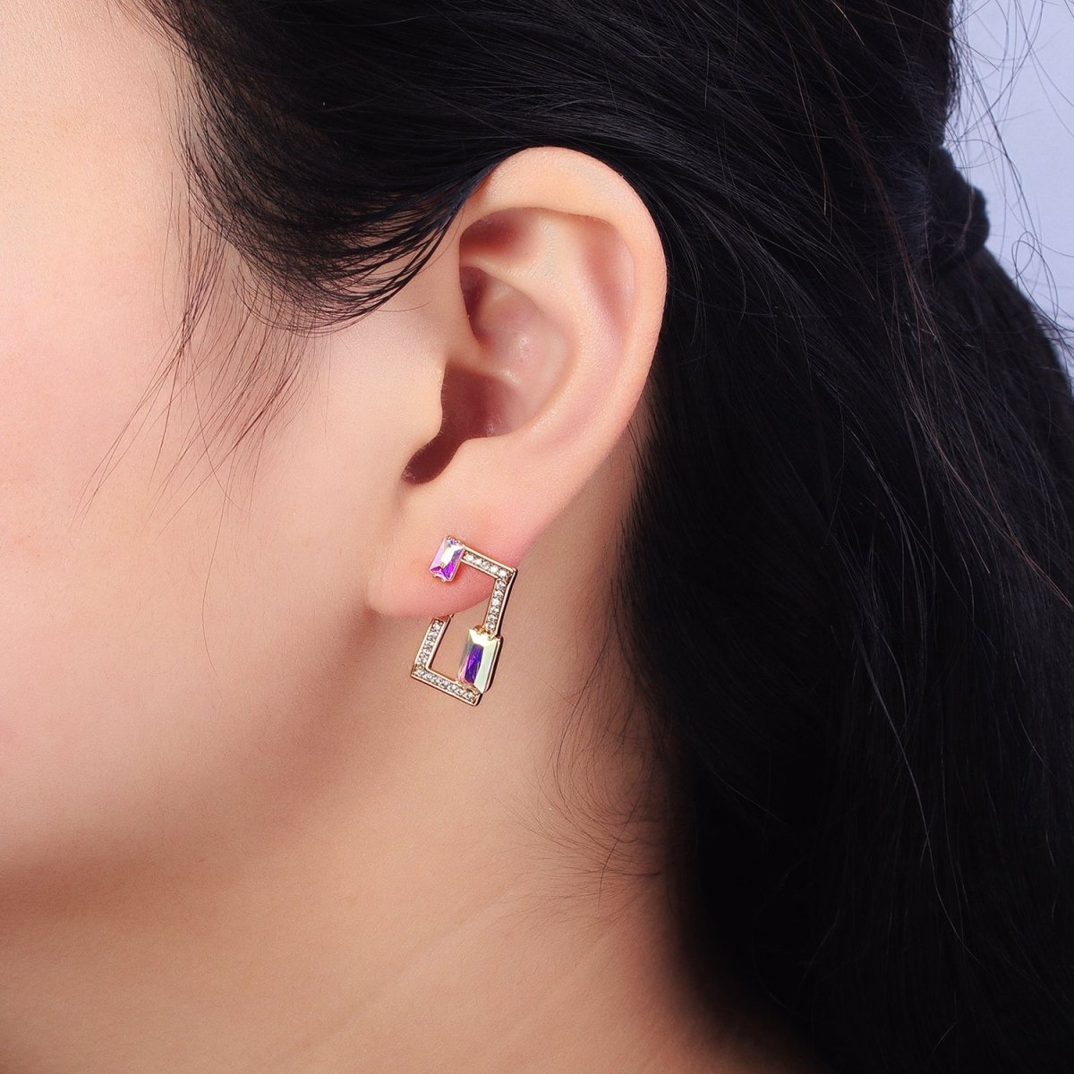18K Gold Filled AB Iridescent Baguette Open Rectangular Clear Micro Paved CZ Geometric Earrings | AB243