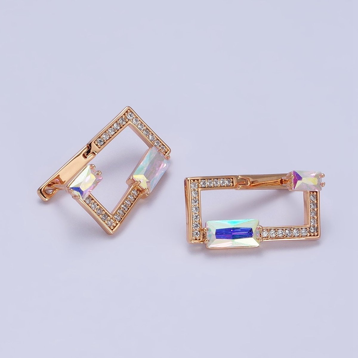 18K Gold Filled AB Iridescent Baguette Open Rectangular Clear Micro Paved CZ Geometric Earrings | AB243