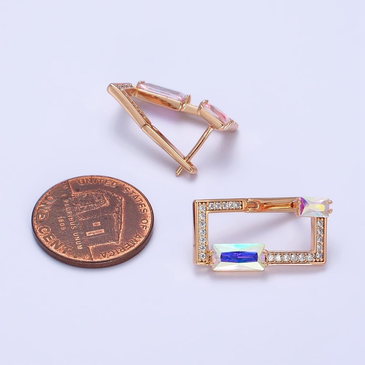 18K Gold Filled AB Iridescent Baguette Open Rectangular Clear Micro Paved CZ Geometric Earrings | AB243
