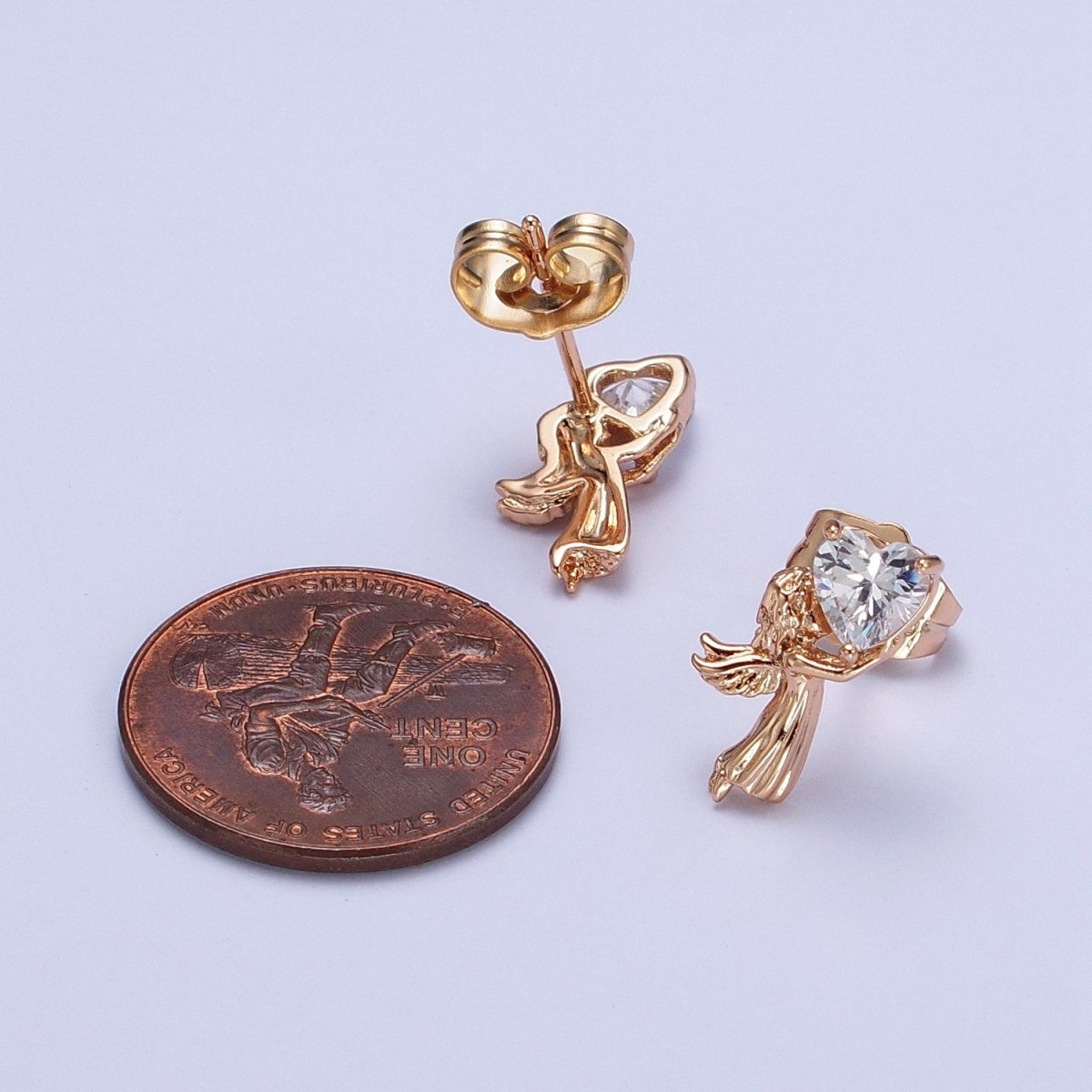 18K Gold Filled Angel Holds Clear, Pink, Heart CZ Stud Earrings | AB274 AB286 AB287