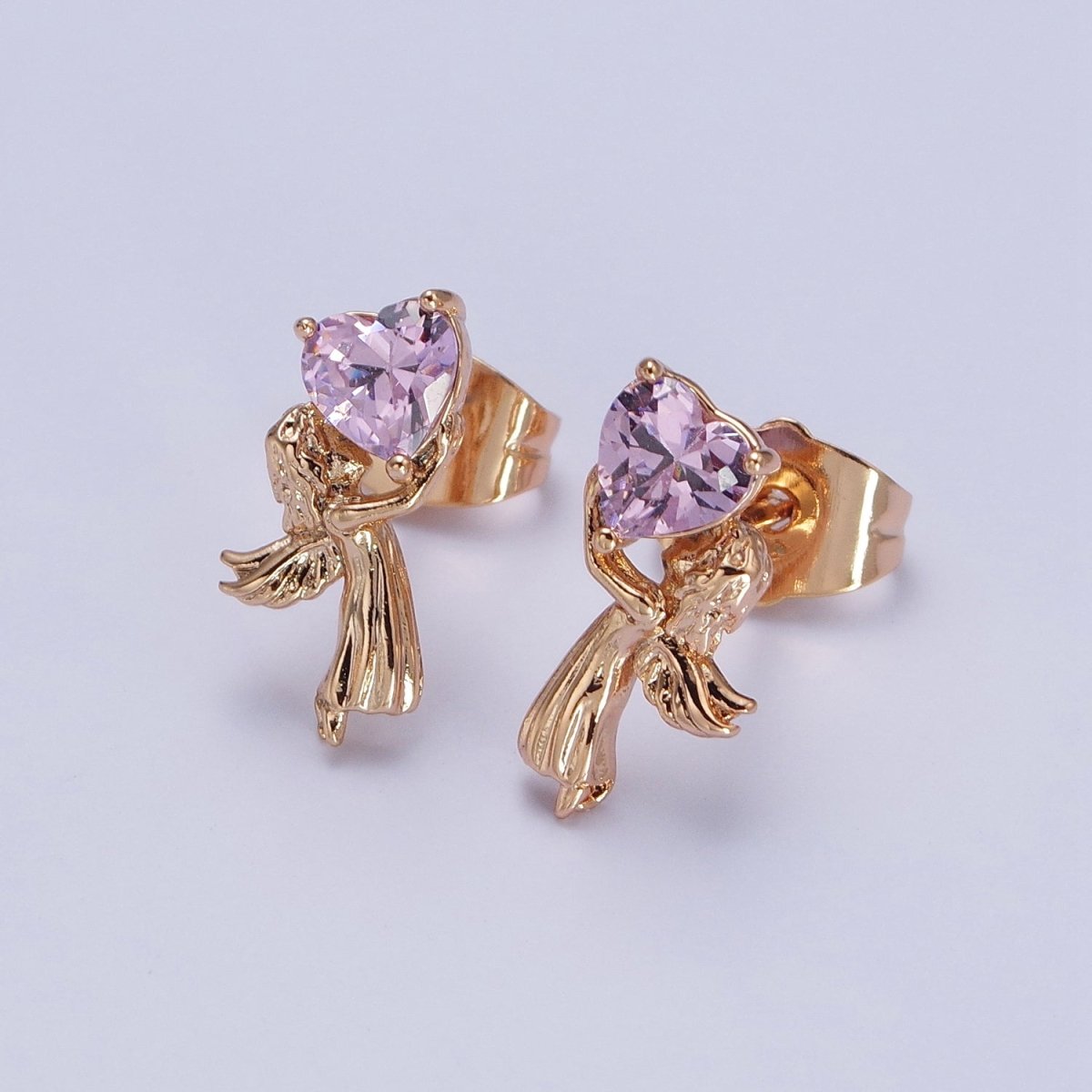 18K Gold Filled Angel Holds Clear, Pink, Heart CZ Stud Earrings | AB274 AB286 AB287