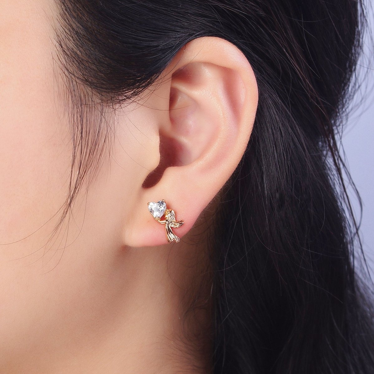 18K Gold Filled Angel Holds Clear, Pink, Heart CZ Stud Earrings | AB274 AB286 AB287