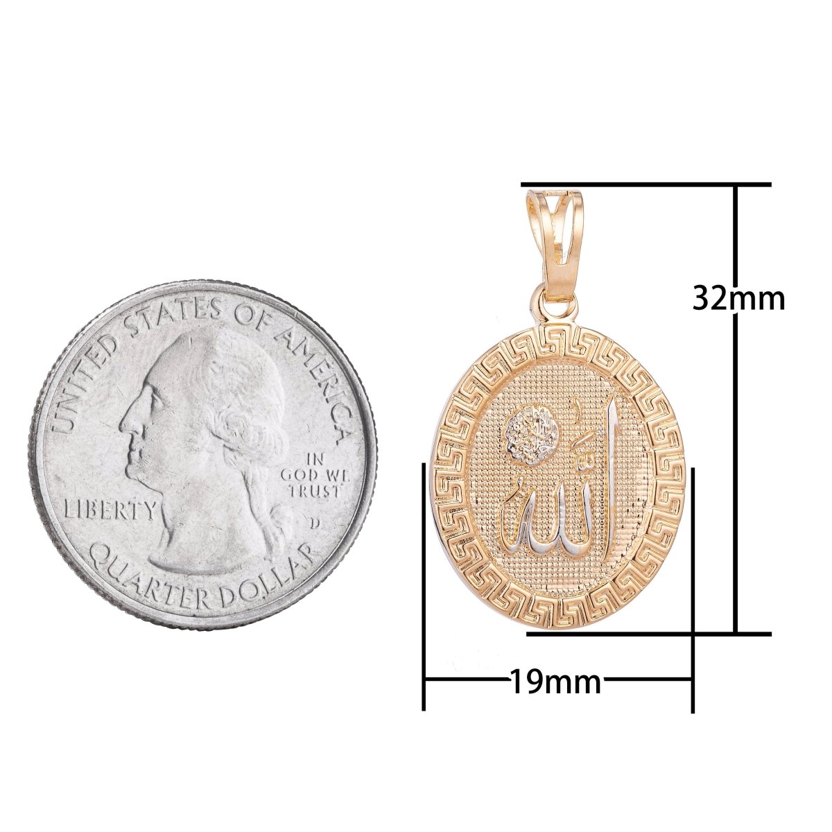 18K Gold Filled Arabic Word Allah Moslem Islam Calligraphy Arabian Coin Charm Decorative Edge Necklace PENDANT Bails for Jewelry Making  H-621