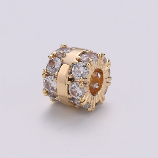 18k Gold Filled Beads CZ Micro Pave Tube Large Hole Spacer Beads, Cubic Zirconia Spacer Beads, Gold Round Bead Spacer for Bracelet Making