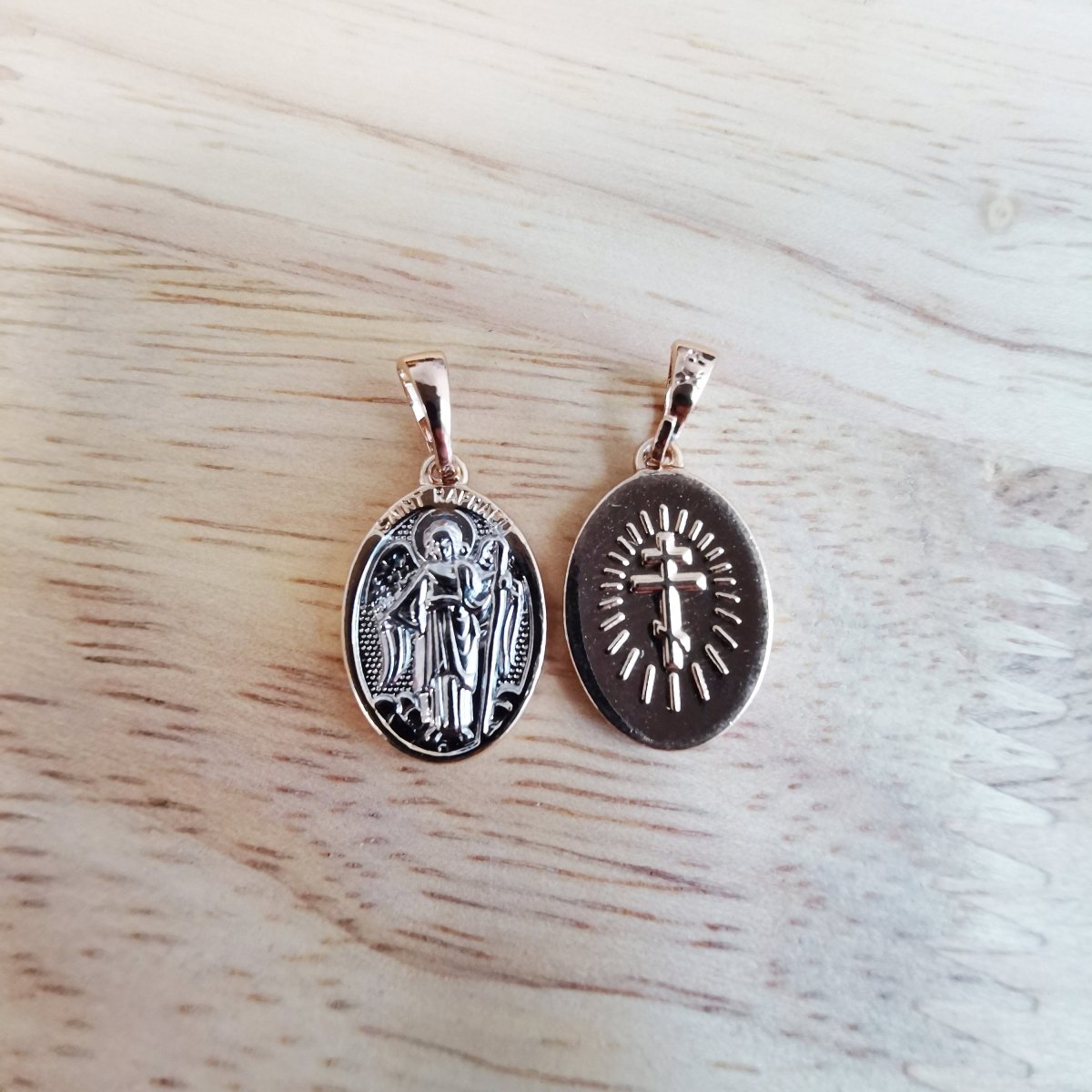 18K Gold Filled Beautiful Saint Raphael Miracle Religious Pendant, Two Tone Color Gold and Silver Charm Necklace Bails Bracelet Findings I-821